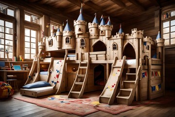 A playful bunk bed with a slide attached, resembling a castle with turrets and flags. - obrazy, fototapety, plakaty