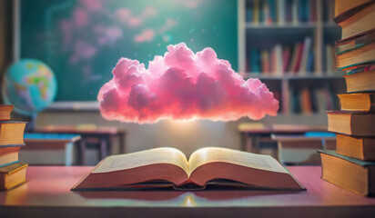 Pink cloud above an open book in the classroom. Education conceptual background