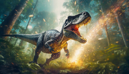 Ferocious T-rex running out of the jungle as comets keep falling on the prehistoric Earth. Scene of asteroid collision causing the extinction of the dinosaurs - obrazy, fototapety, plakaty