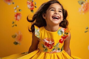 Cute indian little girl smiling on yellow background