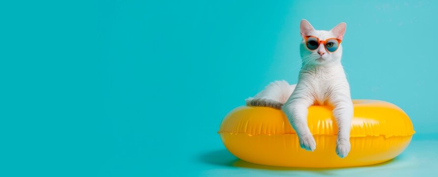 a white cat wearing sunglasses sitting in a yellow swim ring on a blue pastel background with copy space for text.  summer vacation concept banner for a travel agency and pet care service business