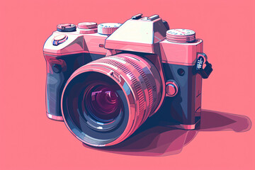 Professional camera illustration in front of a pink background, amateur photography concept