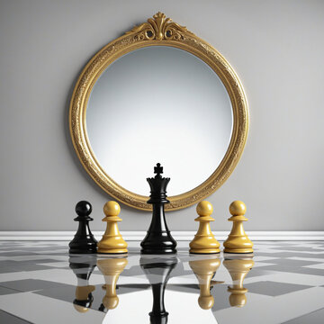 3d render, chess game king piece stands in front of the round mirror with pawn reflection. Contradiction metaphor. Perceptual distortion concept. Mental disorder condition. Minimalist composition