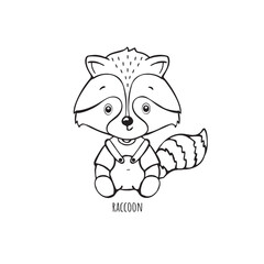 cute baby raccoon sitting in overalls vector linear drawing for coloring