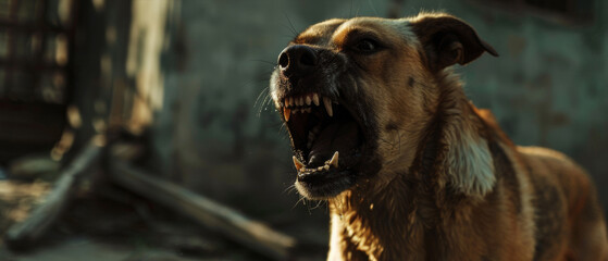 Intense gaze of an alert dog, teeth bared in a warning snarl. - obrazy, fototapety, plakaty