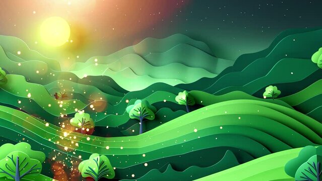 a panorama of nature created from cardboard. Video effect with lens flayer and particle effect. 