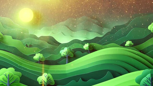 a panorama of nature created from cardboard. Video effect with lens flayer and particle effect. 