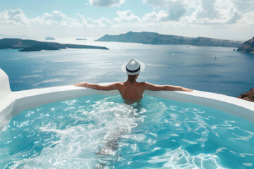 Woman enjoy her vacation in santorini, famous place in greece. She is in a pool and watching the...