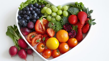 A heart-shaped dish brimming with clean fruits and vegetables, symbolizing nutritional nutrition for heart health, as recommended by doctors and nutritionists for patient well-being.