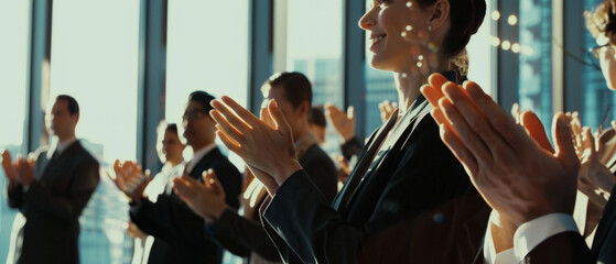 Inspirational moment as professionals applaud in a sunlit modern office setting.