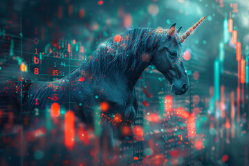 Unicorn startup concept, a digital unicorn with stock charts double exposure style - obrazy, fototapety, plakaty