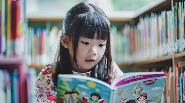 An Asian girl immerses herself in studying, surrounded by children's picture books in a vibrant classroom, embodying the essence of literacy education and academic exploration