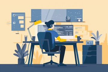 Freelancer works on a laptop. Modern Flat Illustration
