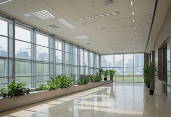 Empty hall in modern building with indoor plants and tall windows