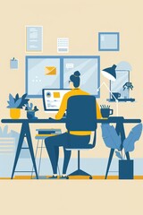 Freelancer works on a laptop. Modern Flat Illustration