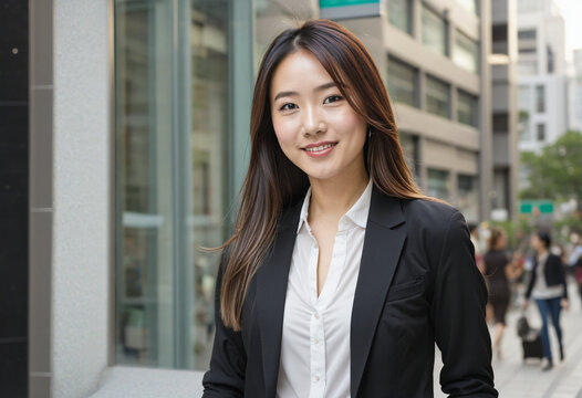 Asian businesswoman with long hcolorfulr wearing black jacket