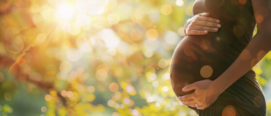 Expectant mother tenderly cradling her belly in the golden light of a setting sun.