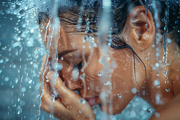 A woman standing under the shower with water flowing over her head