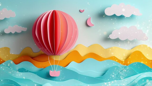 the scene created from cardboard. A balloon flies above the waves of the sea.  Video effect with lens flayer and particle effect. 