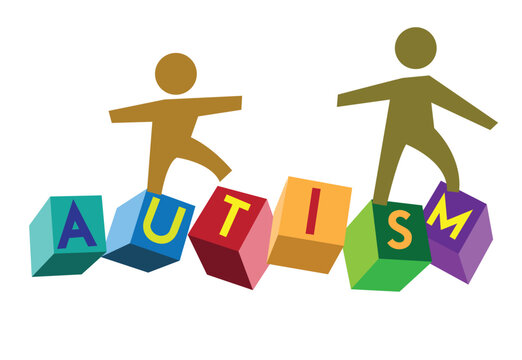 Autism Concept. An adult figure helps or supports a child cross an autism text on building blocks. Editable Clip Art. 