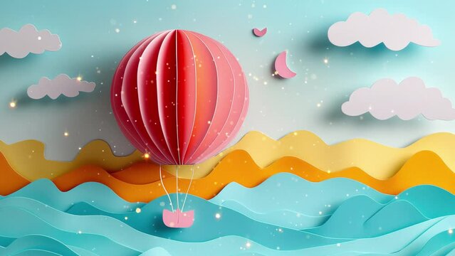 the scene created from cardboard. A balloon flies above the waves of the sea.  Video effect with lens flayer and particle effect. 