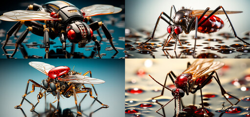 Creepy and intriguing 3D design Eye-catching black mosquito crawling between two red dots Glittering eyes add a touch of realism to the design