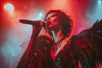 A singer in a black dress with feathers singing into a microphone on stage, red stage lights