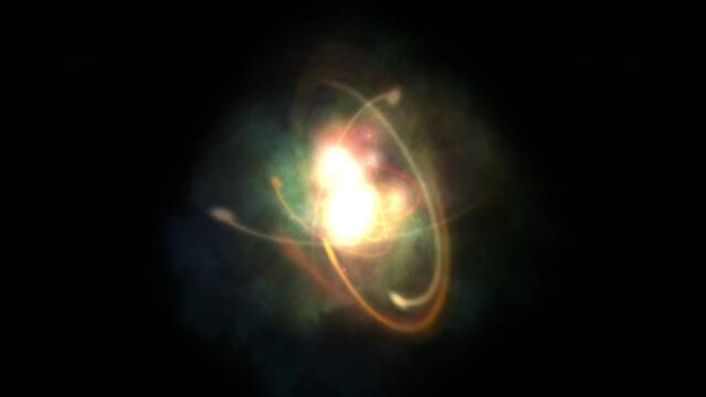 Dynamic lights atom model. Abstract fire atom  animation rotation around nucleus on black background. Concept of science, energy, matter, quantum physics