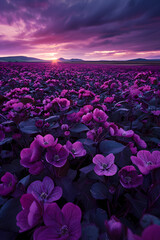 Violet petals dancing under purple sky at sunset in natural landscape