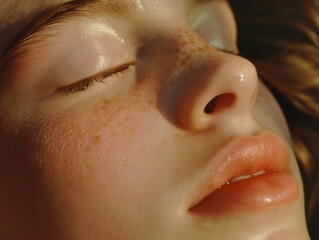 A close-up of a child with an array of freckles on her serene and peaceful face