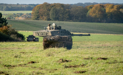 British army Challenger 2 II FV4034 main battle tank in action on a military exercise, Wilts UK