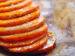 Close-up of fresh carrot slices neatly arranged on a wooden cutting board