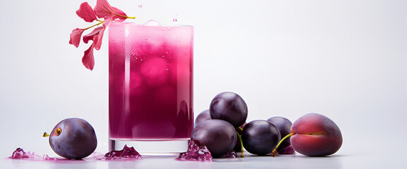 A glass of grape juice with a splash on a pink background ,iced drink with cherry and mint isolated on white background
 - obrazy, fototapety, plakaty