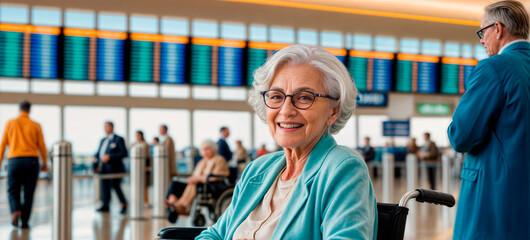 An older woman in a wheelchair at an airport terminal.