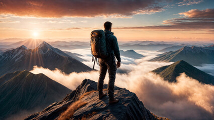 A man stands on a mountain peak, overlooking a valley of fog. The sky is filled with clouds and the sun is setting.