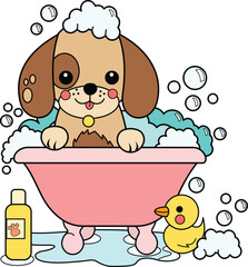 Cute Puppy Taking Bath Vector Illustration. Small Dog Taking Both Vector. 