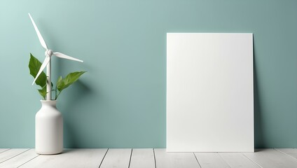 blank white paper on the floor with green plant and wind turbine, copy space, space for text and design, renewable energy concept 