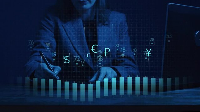 Cg. Against the background of a woman working on a tablet, graphs and charts with digital indicators are moving, and there is also a row of Chinese candles. Cryptocurrency arbitrage and blockchain.