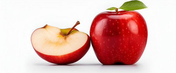 Fresh ripe apples on white background ,One whole and one half red apple with a green leaf on a white background