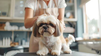female groomer carefully trims the fur of a Shih Tzu dog in a modern grooming salon - obrazy, fototapety, plakaty