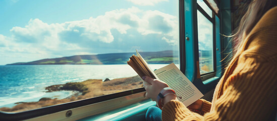 women reading book at train with beach view. summer travel vacation concept background - obrazy, fototapety, plakaty