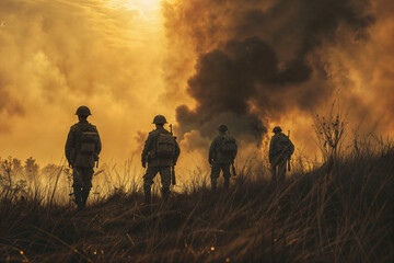oldier in the middle of a war in a burning city. army War Concept. Military silhouettes fighting scene on war fires background, World War Soldiers Silhouettes - 759624249