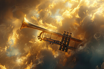 Golden light filtering through clouds, illuminating a trumpet's intricate details, signifying the divine decree - obrazy, fototapety, plakaty