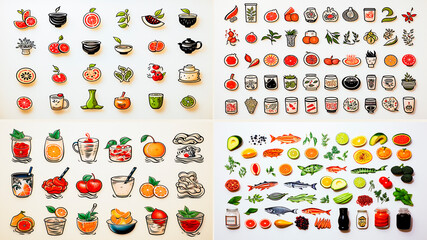 Icons representing various food and drinks. Created on paper for a unique visual design. Easily recognizable symbols for different menu categories.