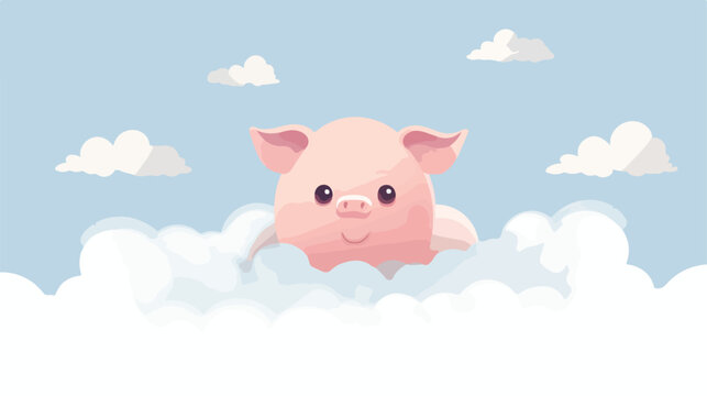 Pig peeking out from behind the clouds flat vector
