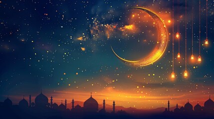golden moon eid ramazan moon background with mosque illustration - obrazy, fototapety, plakaty