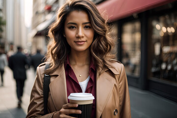 Junge Geschäftsfrau auf der Straße mit einem Kaffee in der Hand.  - obrazy, fototapety, plakaty