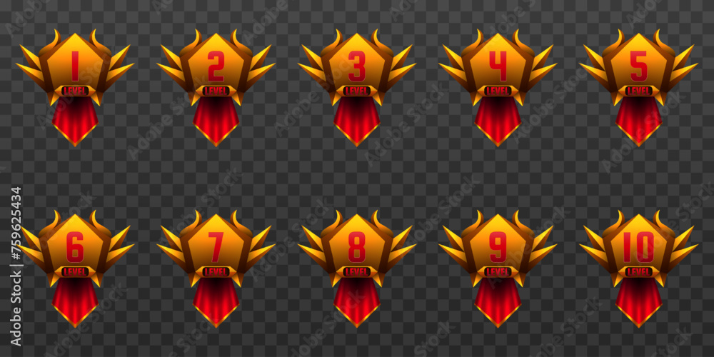 Poster gold and red fantasy themed game gui level up badges for game ui designs