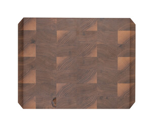 Bespoke black walnut edge grain cutting board isolated on white background
