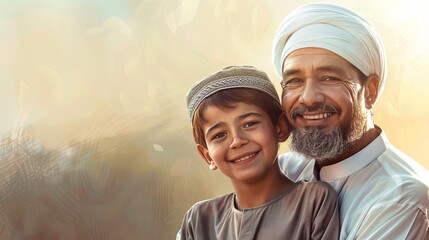 happy muslim father and child - obrazy, fototapety, plakaty